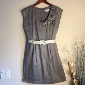 Ann Taylor Loft Dress Gray Dot Textured Floral Sleeveless Belted Size 8